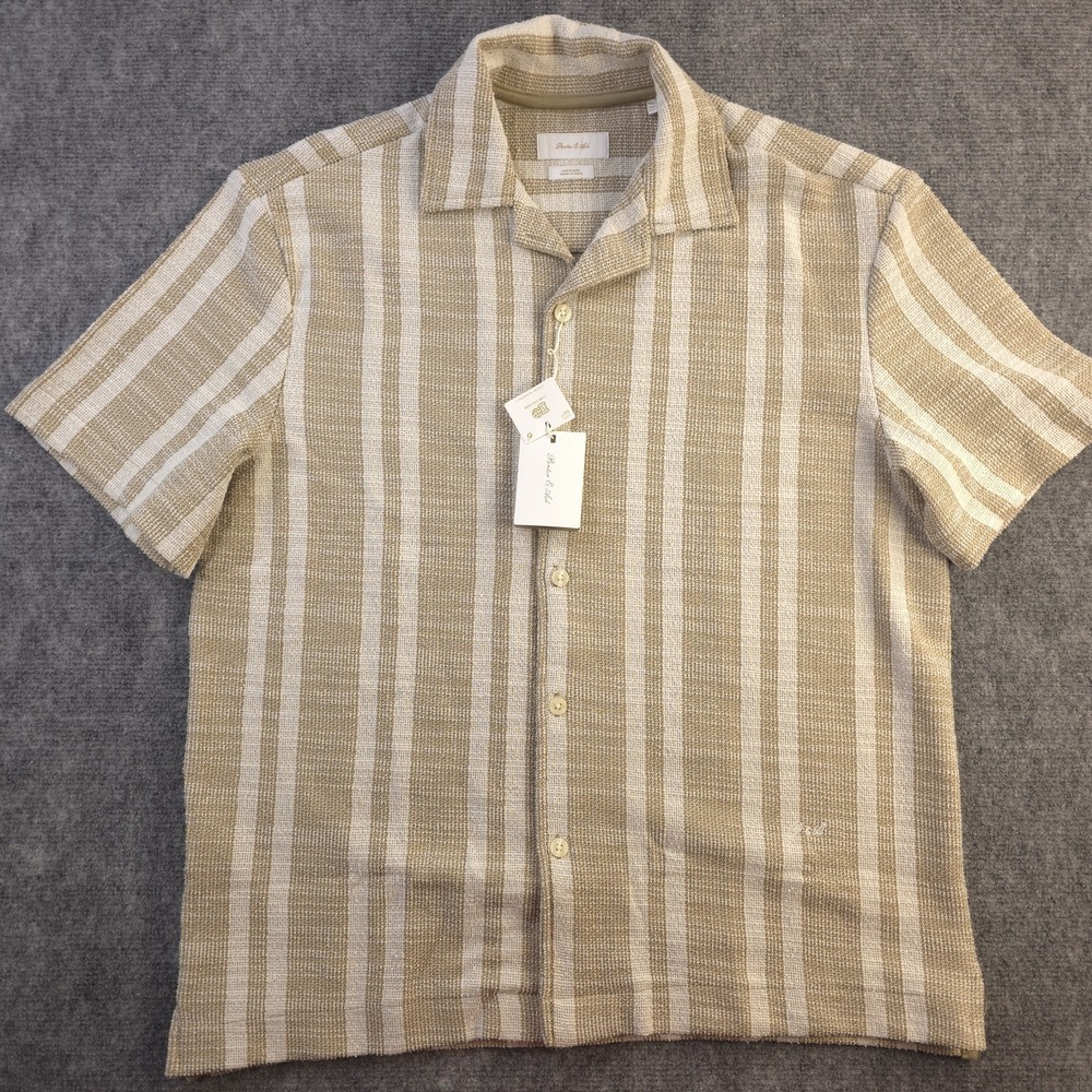 New‎ Porter & Ash Shirt Medium Jacquard Brown Striped Short Sleeve Camp Button